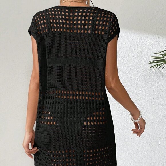 Black Boho Women's Swim Hollow Out Batwing Sleeve Cover Up Dress - Picture 2 of 5